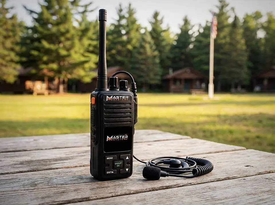 A radio on a picnic table at a summer camp
