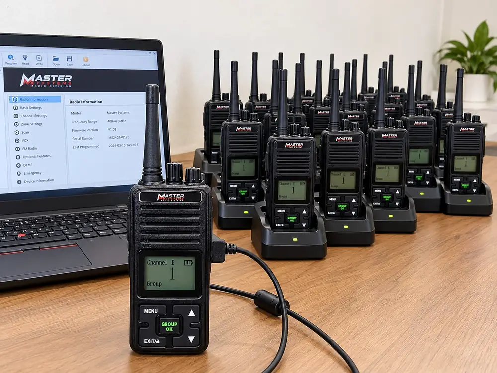A fleet of Master System display radios in charging docks beside a laptop running programming software