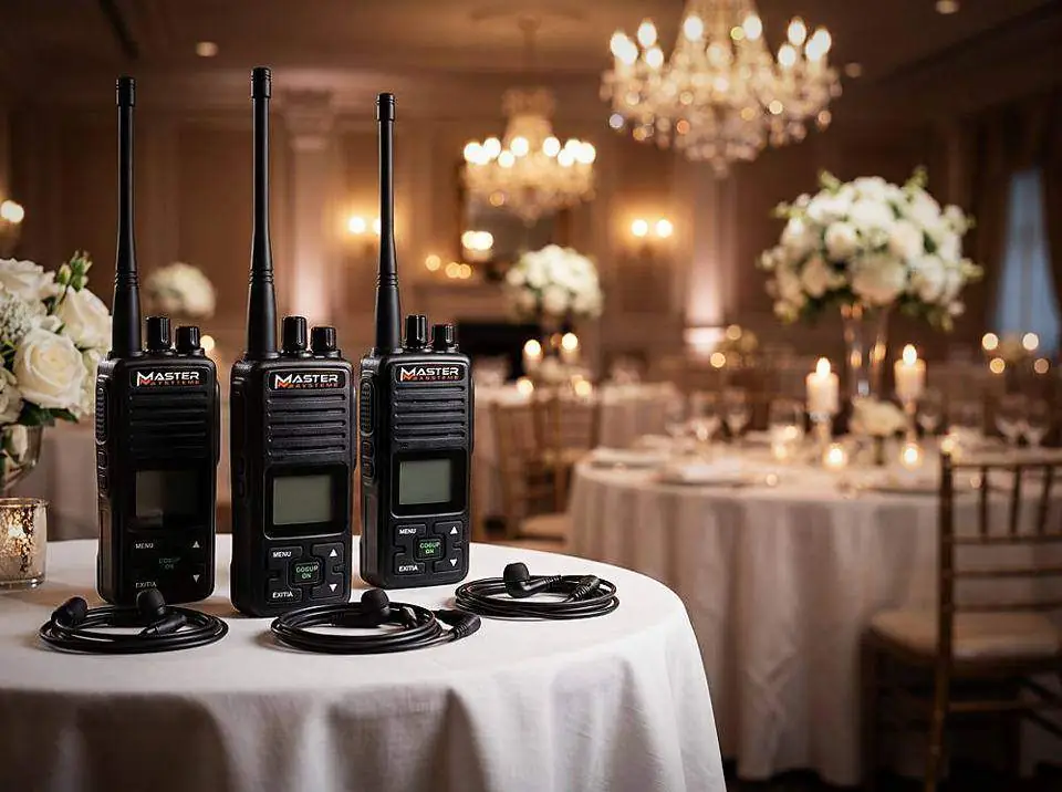 Radios with earpieces set out at a wedding venue